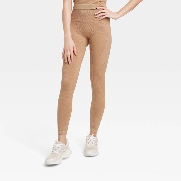 Medium - Womens High-Rise Ribbed Seamless 7/8 Leggings - JoyLab - Tan - Picture 1 of 10
